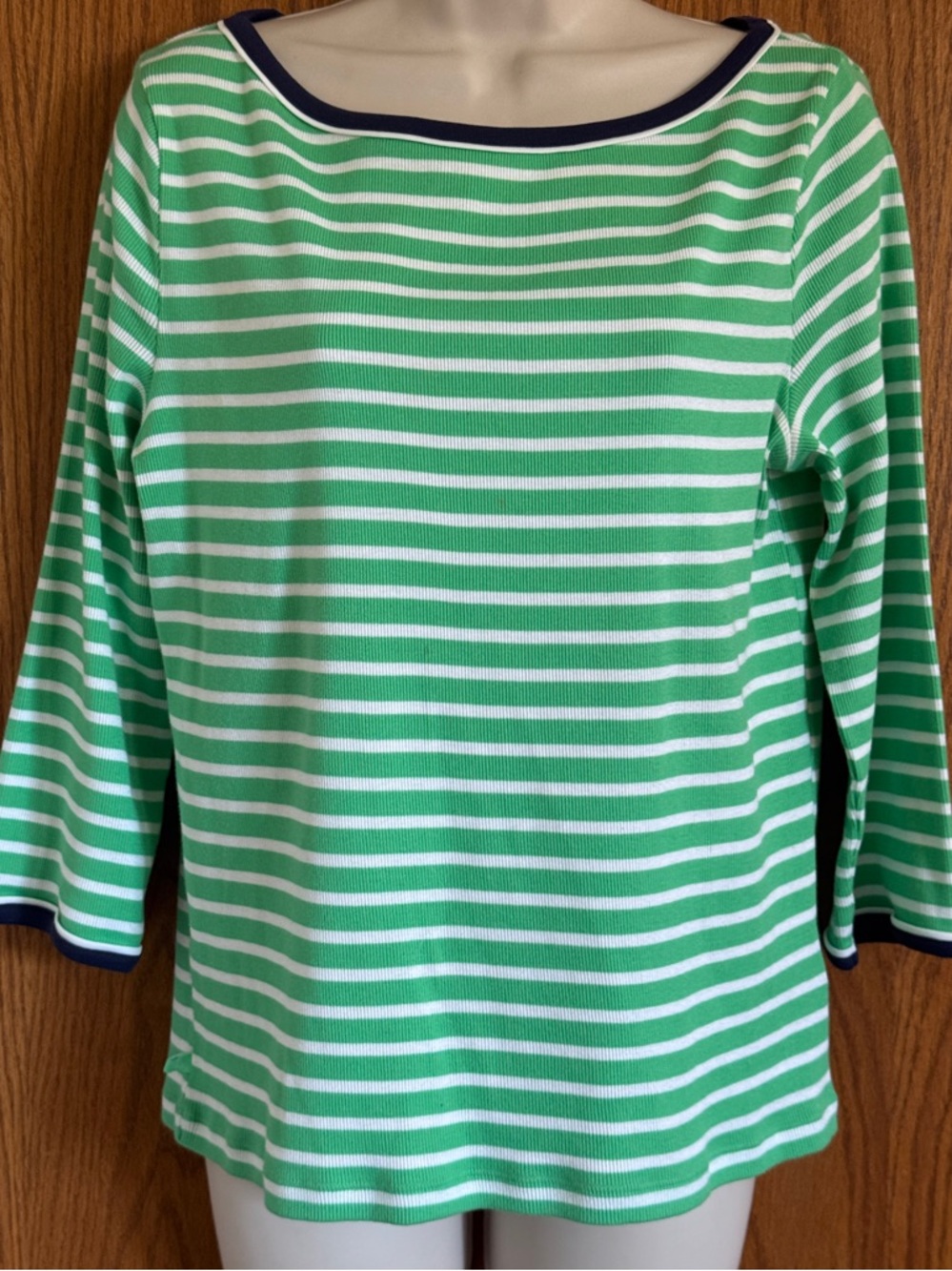 Lauren Ralph Lauren Green / White Striped Sweater Top 3/4 Sleeves Junior's Sz Lg